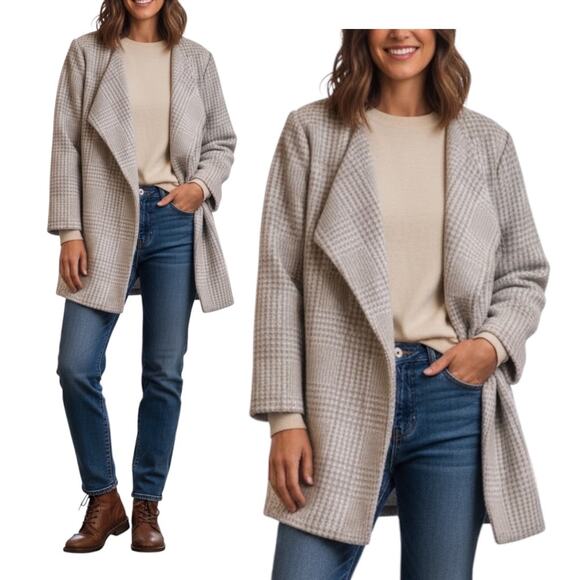 Calvin Klein Women's Sz 3X Light Brown /Ivory Plaid Open Front Jacket Pockets - Picture 1 of 13